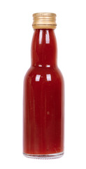 Spicy red sauce in a glass bottle. Isolated on white background.