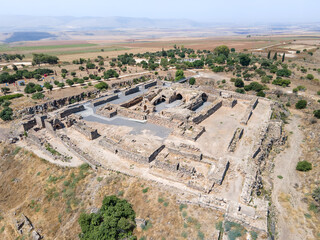 Aerial view to the ruins of the great Hospitaller fortress - Belvoir - Jordan Star - located on a hill above the Jordan Valley in Israel