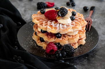 waffles with blueberries, raspberries and banana
