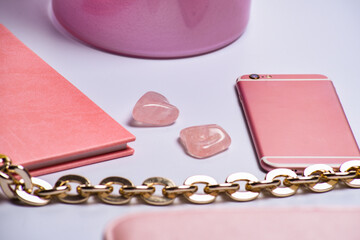 phone, vase, notepad and makeup bag edge in pink style. Banner. Concept of fashion and beauty, modern, stylish. Creative concept for shop style blog
