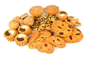 An assortment of cookies and other sweet pastries isolated on white .