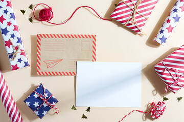Christmas background with gift boxes and letter to Santa.