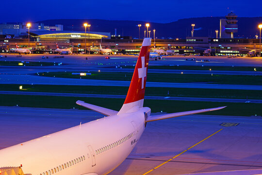 ZURICH, SWITZERLAND -6 SEP 2020- Plane from the Swiss international airline Swiss (LX) at the Zurich airport (ZRH). Zurich is a main hub for Swiss, a member of Star Alliance.