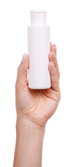 The hand with the white bottle with the disinfectant, isolated on a white background.