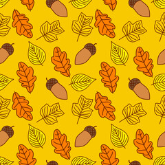 Seamless pattern with Acorns and Oak,  Linden and Tulip poplar autumn leaves. Vector illustration