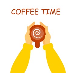 Tea coffee break, Cup mug, Top view of a table in a cafe. Cute illustration in flat style.