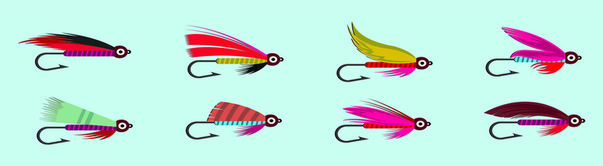 Set of fly fishing flies cartoon icon design template with various models. vector illustration isolated on blue background