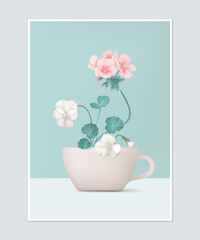 Poster design, flower arrangement in light pink coffee cup