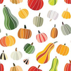 Pumpkin trendy vector seamless pattern. Doodle drawing colorful pumpkins. Thanksgiving or Halloween background