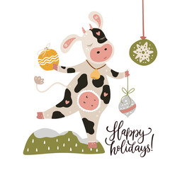 Christmas cute cartoon cow. Vector poster with hand drawn lettering - Happy Holidays. Animal greeting card and apparel print. New Year 2021.