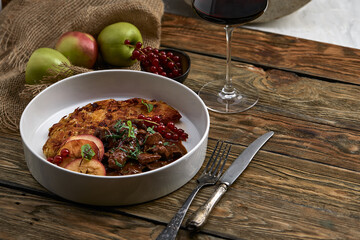 Draniki potato pancakes. The naitonal dish of Belarus, Ukraine and Russia. potato pancakes with mushrooms