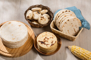 Typical South American food - different types of corn arepas.