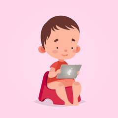 Cute vector illustration for children. Cartoon style. Isolated character. Modern technologies for kids. Baby toddler boy with tablet.