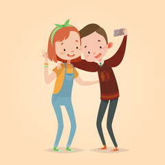 Cute vector illustration for children. Cartoon style. Isolated character. Modern technologies for kids. Boy and girl friends making photo.
