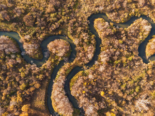 Aerial drone view of autumn landscape with river.