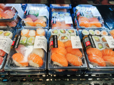 La Rochelle, France - October 3, 2020:assortments of sushi and fresh Japanese products sold in individual trays in the French hypermarket Hyper U