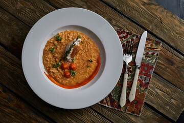 Spelt Pumpkin Mushroom Risotto on Grey Background, Tasty Vegetarian Meal