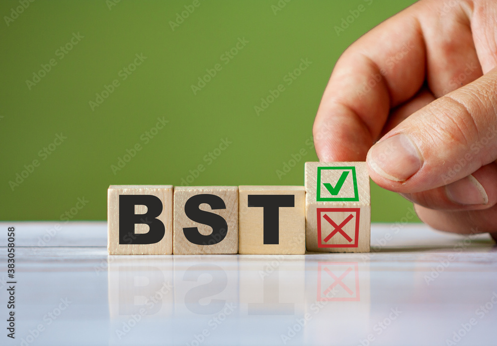 Aufkleber hand turn wooden block with red reject x and green confirm tick as change concept of bst. word bst c