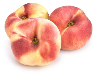 Donut peach fruit with leaf isolated on white background, Fresh White Peach on White Background (With clipping path)