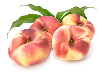 Donut peach fruit with leaf isolated on white background, Fresh White Peach on White Background (With clipping path)
