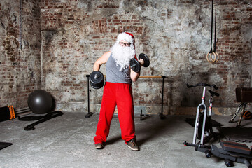 Fototapeta na wymiar Funny fat Santa Claus, fitness club.