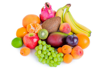 Assortment of various fruits isolated bananas, pitaya,mango, green grapes, apple, plum, coconut, peaches, apricots, tangerines.