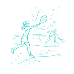 Man and woman playing tennis together at the court. Tennis sports contest. Sketch vector hand drawn Illustration on white background.  Racket sport game