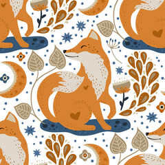 Nordic scandinavian fox animal seamless vector folk sitting among flowers pattern. Ornate woodland detailed textured cartoon wallpaper on a white background.