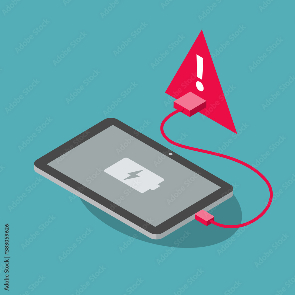 Poster juice jacking attack symbol with a tablet and a red usb charging port, isolated on blue background. 