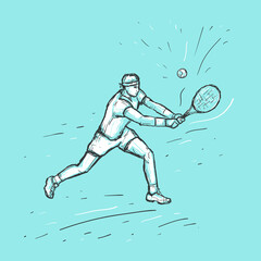 Man playing tennis with racquet and ball. Sketch vector hand drawn Illustration on blue background. Tennis player. Sport concept.