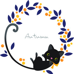Black cat long tail with Halloween berry plant wreath vector for decoration on Autumn season and Thanksgiving festival events. 