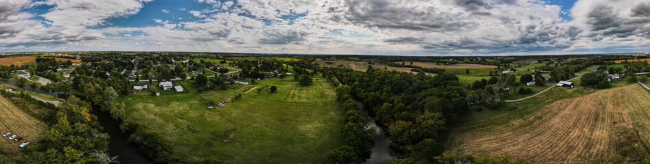 Aerial view of a Salt River bend near Harrodsburg, Kentucky with view of agriculture fields