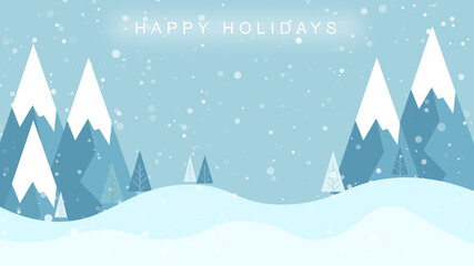 Winter snowy landscape with pines , mountains and snowfall . Happy Holidays and Christmas background . Vector illustration .
