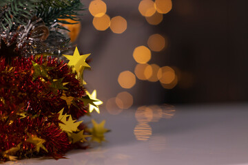 Christmas decor - tinsel. Template card Copy space.