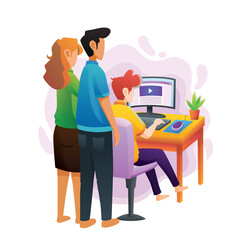 Parents guide their children in watching webinar