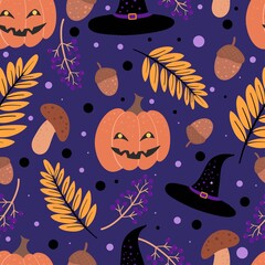 Halloween seamless pattern vector. Background design with pumpkins, witch hat, autumn leaves. Cartoon illustration.