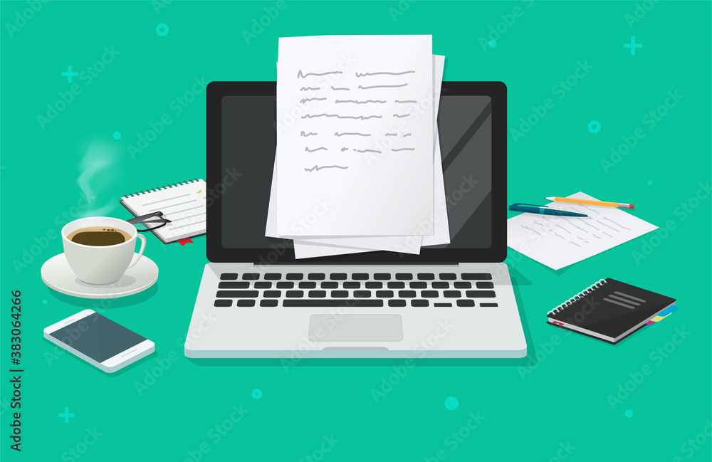 Poster writing text content creating vector on education working desk table online via computer laptop, cre