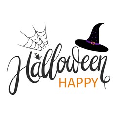 Happy Halloween lettering with witch hat and spider web. Vector illustration.