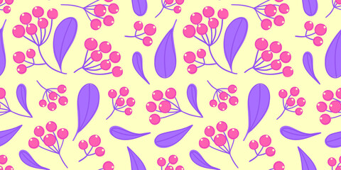Floral seamless pattern with panicles of berries. Colorful repeating background with plant. Design for wallpaper, textiles, wrapping paper, cover notebook, header. Vector illustration, eps10