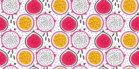 Vector seamless pattern with tropical fruits. Healthy dessert. Fruity background. Dragon fruit, passionfruit, fig. Wrapping, exotic food market advertisement, wallpaper, summer banner. Vector, eps10
