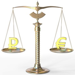 Ruble RUB symbol and Euro sign on balance scales, forex parity conceptual 3d rendering