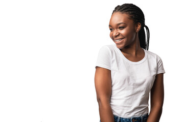 African Woman With Brackets Posing Looking Aside Over White Background