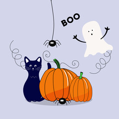 halloween background with pumpkin, ghost and cat. For the design of postcards, flyers. Vector.