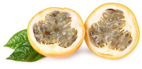 Granadilla or yellow passion fruit with green leaves isolated on white background. exotic fruit....