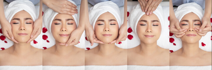 set of young and beautiful Asian woman in massage spa salon. traditional oriental therapy and facial massaging , skin treatments for relaxing. head shot, top view.