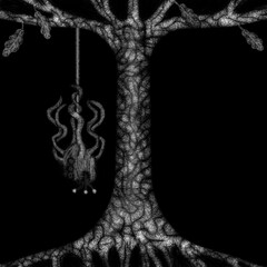 Fototapeta premium A strange little creature hanging on a tree on a web, the monster has tentacles and a forked tongue with a luminous bait, concept for suspense and horror.