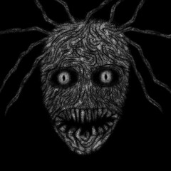 A scary face without a nose with sharp crooked teeth and dreadlocks, digital painting, concept for suspense and horror.