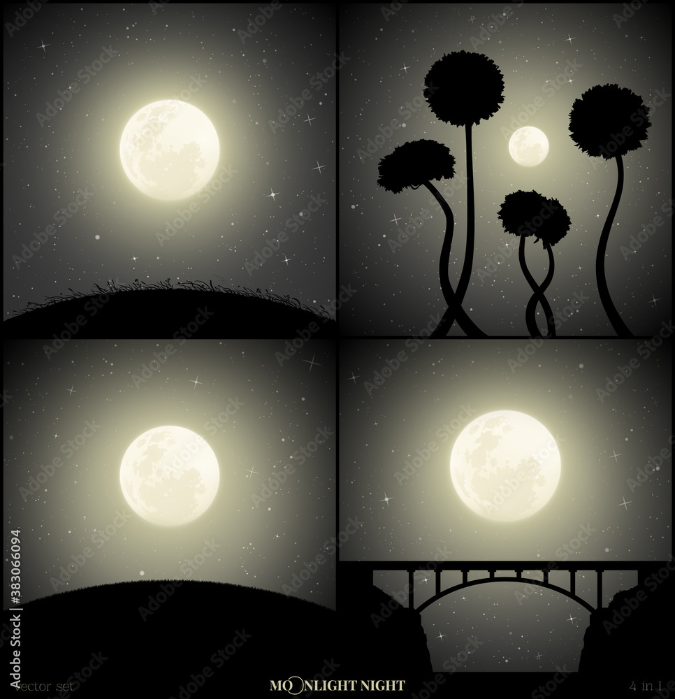 Sticker moonlight landscapes. full moon in night starry sky. black white set