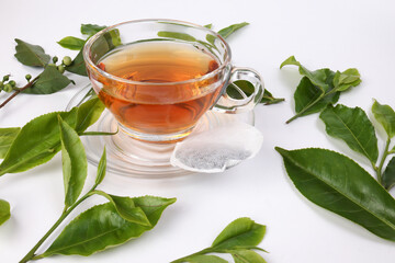 different types of fresh raw green tea leaf flower bud transparent glass teacup liquid tea bag on...