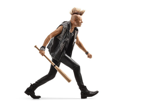 Angry punk rocker with a mohawk running with a baseball bat